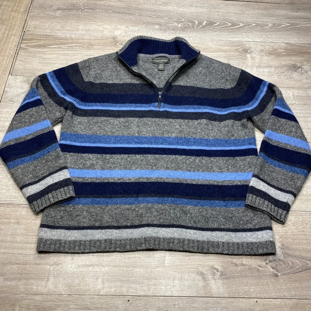Banana Republic Sweater Mens XL Grey Blue Striped Lambswool Quarter Zip Knit